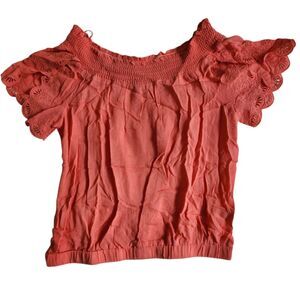 Lulumari Coral Orange Cropped Boho Smocked Off Shoulder Top sz S
